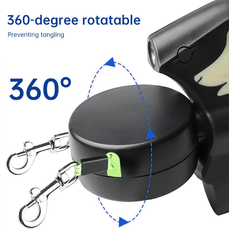 Dual / Double Dog Leash, 360° Retractable Roulette