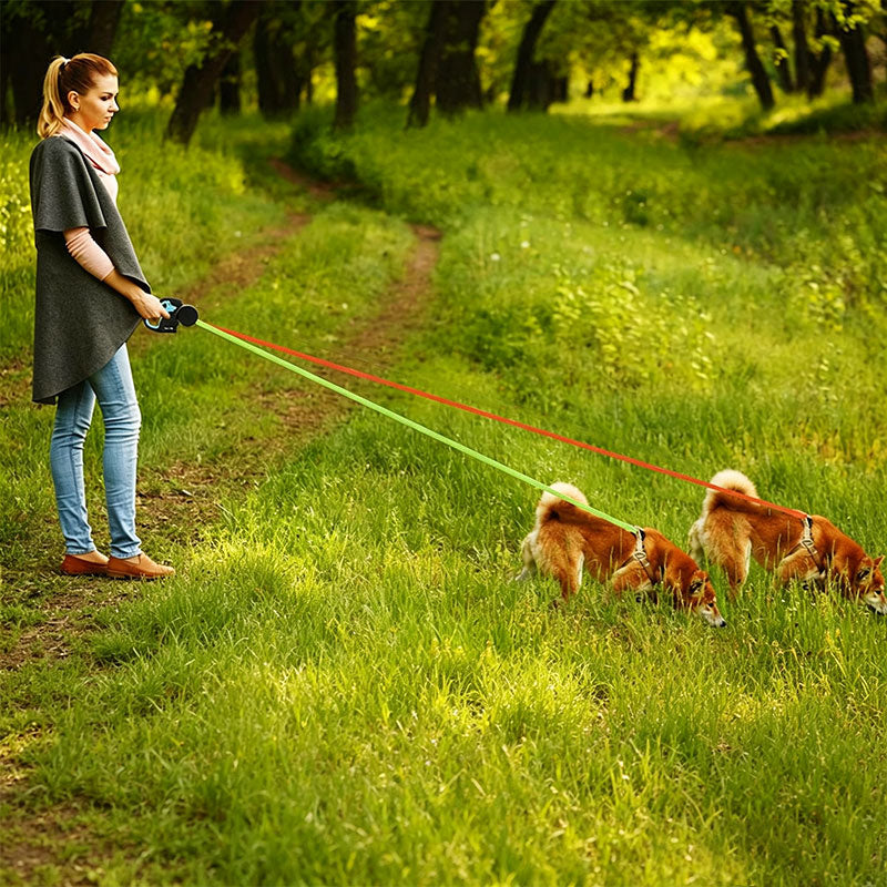 Dual / Double Dog Leash, 360° Retractable Roulette