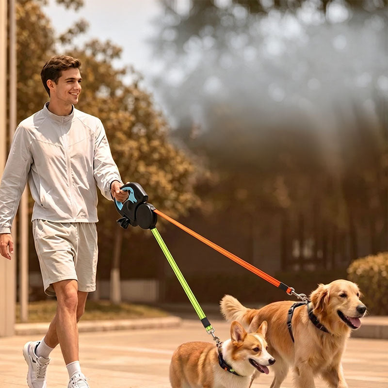Dual / Double Dog Leash, 360° Retractable Roulette